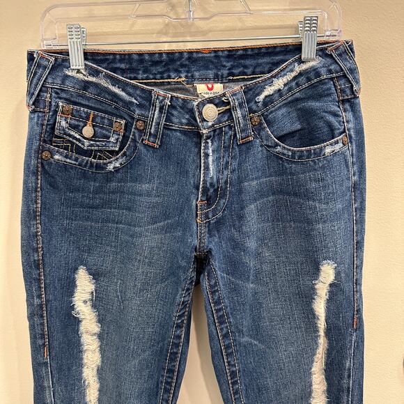 True Religion Joey Distressed Low-Rise Flare Jeans Size 29 Dark Wash Blue Y2K - Picture 4 of 11